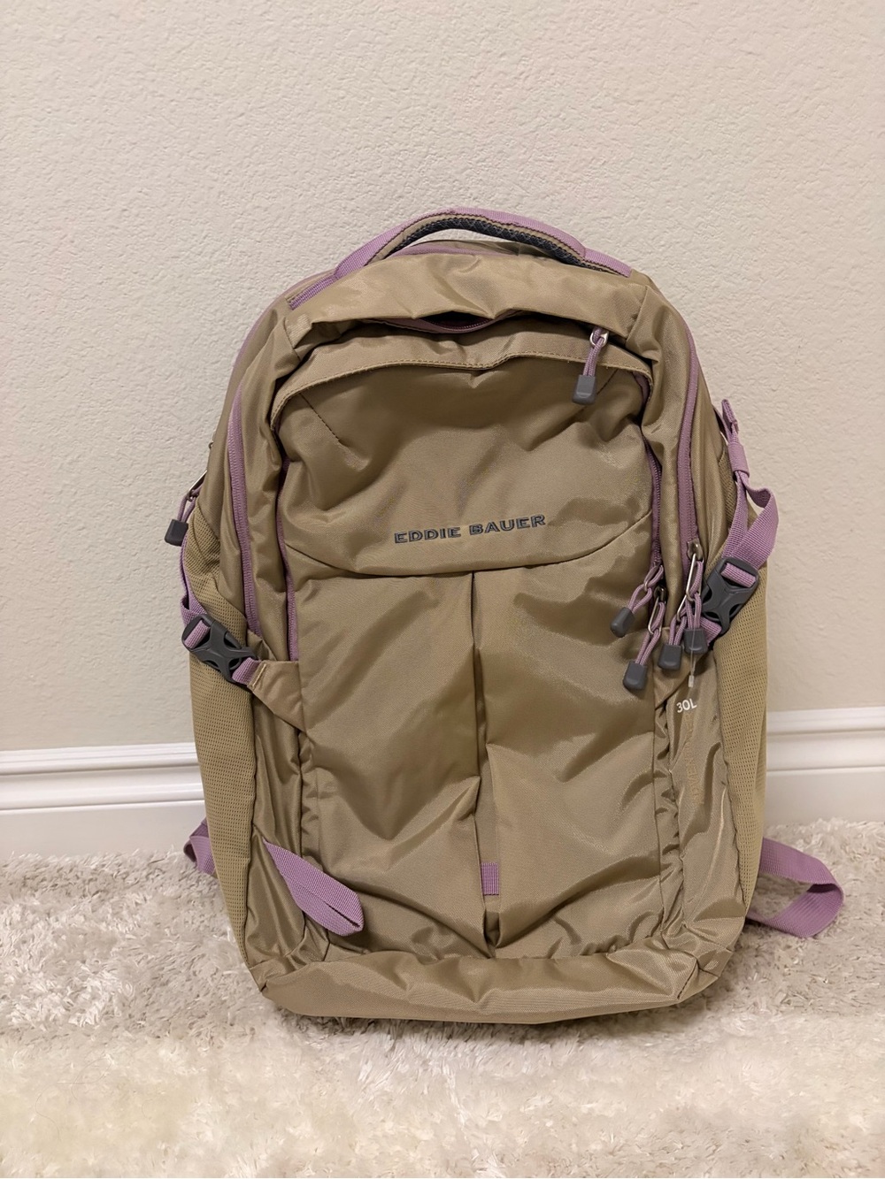 Eddie Bauer Tan Backpack with Lavender Trim